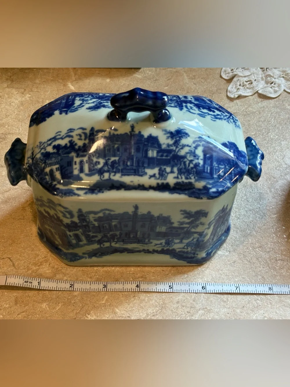 VTG Chinoiserie Ceramic Lidded Canister Trinket Box Set Transferware Style